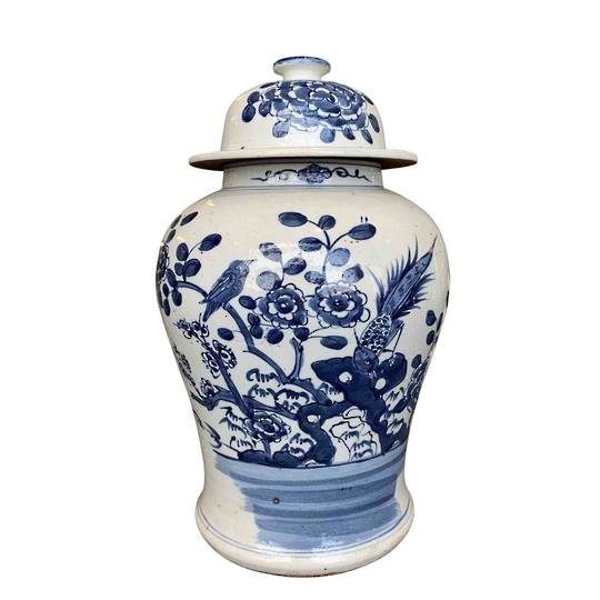 GINGER JAR BLUE & WHITE BIRDS WITH FLOWERS